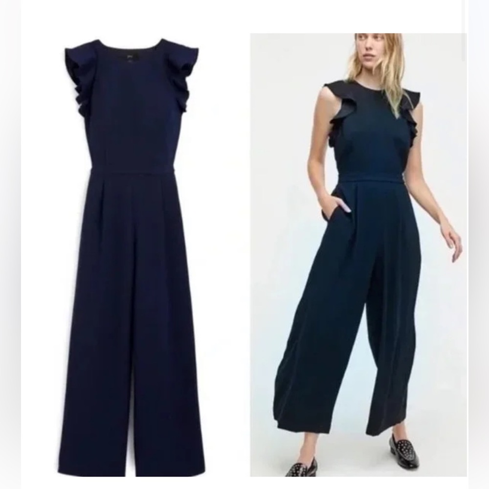 J. Crew Navy Ruffle Sleeve Jumpsuit